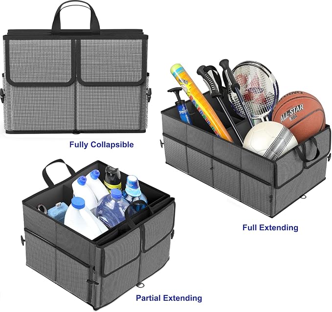 EPAuto Foldable Car Trunk Organizer for SUV, 3-Compartment, Dark Gray | with Removable Divider, Side Pockets and Securing Straps