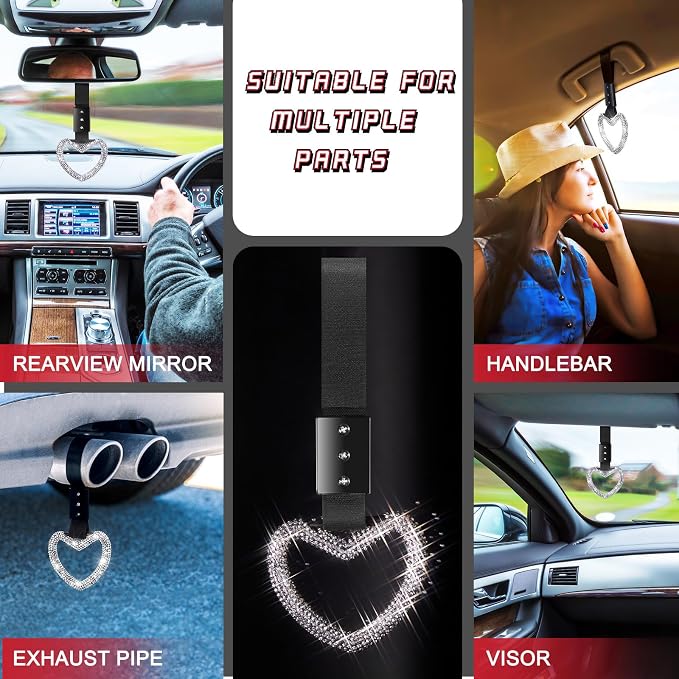 Fabbay Bling Car Accessories Bling Heart Handle Ring Car Accessory for Women Heart Hand Strap Drift Charm Rear Bumper Warning Ring Decor for auto Bus Interior Exterior Decoration (White,Heart Style)