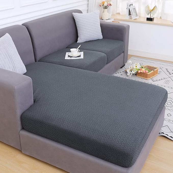 Smiry Waterproof Couch Cushion Covers, Stretch Jacquard Sectional Couch Covers, L Shape Chaise Lounge Sofa Slipcover, Washable Elastic Furniture Protector for Pets, Kid (Chaise Cover, Grey)