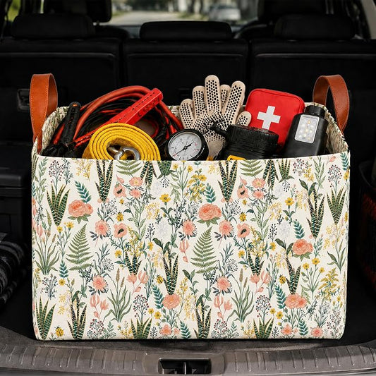 Flower Car Trunk Organizer 20L Collapsible Auto Storage Basket with Handles | Waterproof Reusable Shopping Grocery Bags for SUV Truck, Flower Cars Boot Organizer Gifts for Women Men Drivers