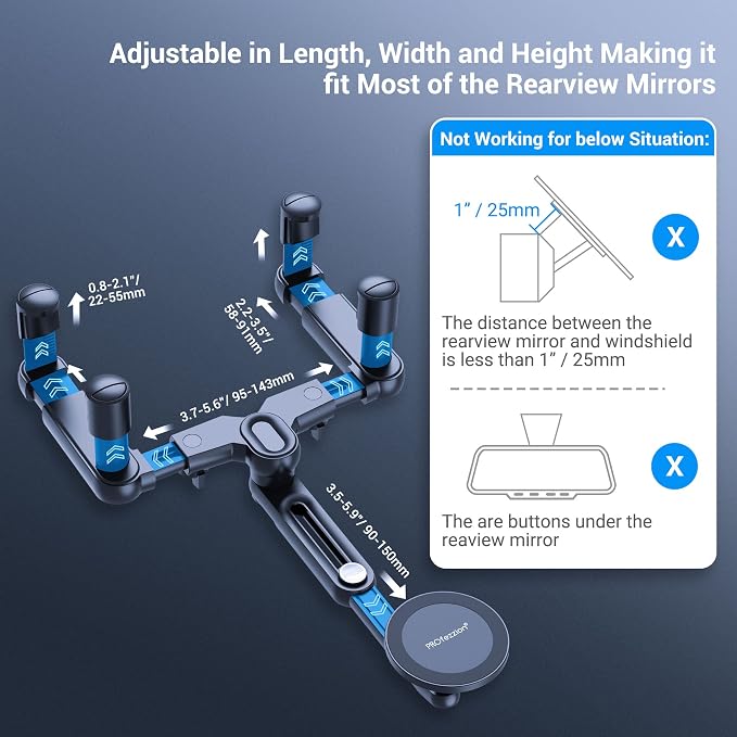 PROfezzion Car Rearview Mirror Magnetic Phone Mount Holder for MagSafe | Vent Clip Included, No Vibrating, Eye-level View, Length & Angle Adjustment, for iPhone 17 16 15 14 13 Pro Max & All Phones