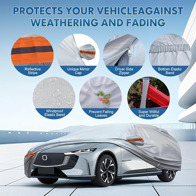 Fit for 178"-189" Length SUVs, 6-Layer Full Car Cover is All-Weather Waterproof, Universal in All Seasons, Snow Prevention, Rainproof, Acid Rainproof, Sunscreen, Orange Reflective Strip