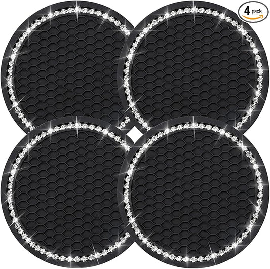 4PCS Bling Coasters, Crystal Car Cup Coaster, Rhinestone Universal Vehicle Anti Slip Coaster, Suitable for Most Car Interior, Black