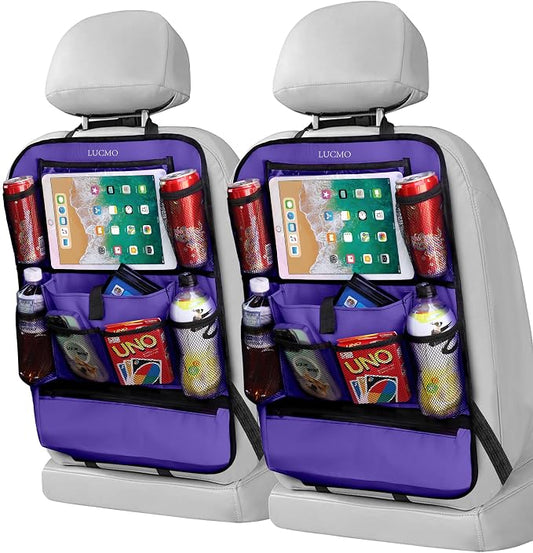 LUCMO Car Backseat Organizer with Touch Screen Tablet Holder, Dark Purple | 2 Pcs,9 Storage Pockets,Clear Tablet Holder,Protectors Kick Mats,Travel Accessories,Seat Cover,Road Trip Essentials