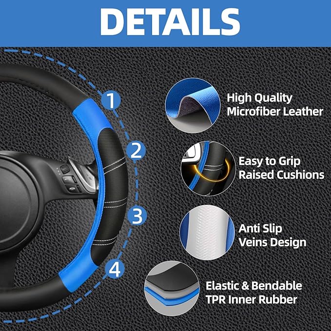 NBTEPEM 10 Pcs Car Floor Mats Full Set & Sport Leather Steering Wheel Cover 14.5-15 inch, Center Console Cover, Seat Belt Cushion, Cup Holder Coaster, Universal Automobile Interior Sets (Blue)
