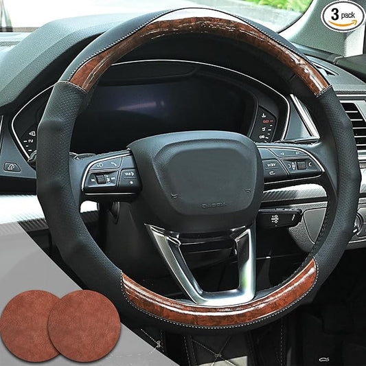 Wood Grain Steering Wheel Cover Car Steering Wheel Covers 14.5-15 inch with Coasters Microfiber Leather Splicing Breathable Anti-Slip Durable Universal Auto Steering Wheel Protective | Black and Wood Car Steering Wheel Covers Leather Microfiber Splicin...