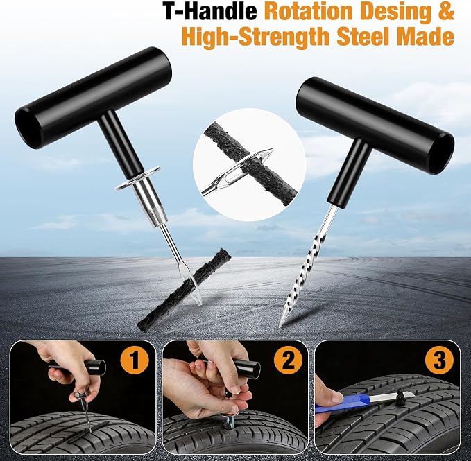 63PCS Flat Tire Repair Kit, Tubeless Tire Repair Kit, Tire Plug Kit Heavy Duty Professional, Emergency Tire Fix Tool for Car, Motorcycle, ATV, Tractor, RV, Truck