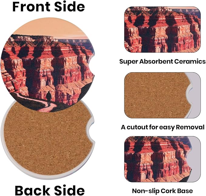 2 Pack Car Coasters for Cup Holders, Absorbent Ceramic Stone Cup Coaster with Non-Slip Cork Base&Finger Notch, Grand Canyon Hiking Landscape Auto Interior Accessories, Universal 2.59 Inch