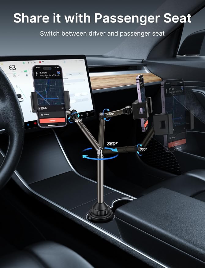 JSAUX Car Cup Holder Phone Mount for Foldable Phones & Mini Tablets | Sturdy Metal Long Arm, Flexible Height and Angle, Adjustable Base, Secure Phone Grip, Fits 2.17-4.33 in Car Cup Holders