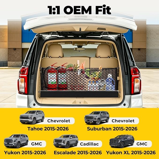 Zoned Storage Cargo Net for Tahoe/Suburban/GMC Yukon/Cadillac Escalade | 2015-2026, 3-Layer Trunk Net for SUV with Zipper Bag, Heavy Duty Trunk Organizer Nets, Zoned Storage for Campings& Daily Use
