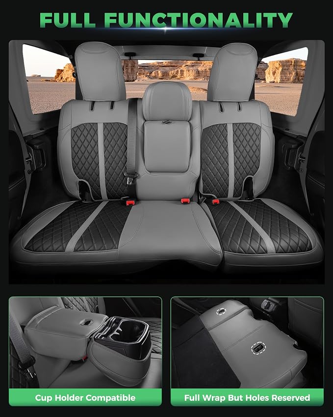 for Jeep Wrangler Seat Covers 4Door JL 2018 2019 2020 2021 2022 2023 2024 2025 2026, Custom Fit Car Seat Cover Full Set, Luxury Waterproof Leather Protectors, Gray Black, with Rear Cup Holder