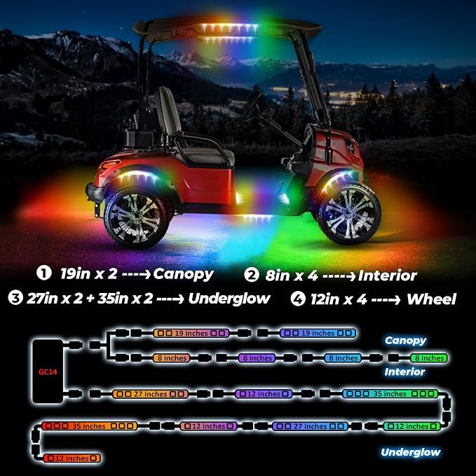 14PCS 12V-72V Golf Cart Lights, RGB Led Underglow Light Kit with 2 Remotes and App Control, Voltage Reducer, Waterproof, Sound Active, Battery Drain Protect Kill Switch Golf Cart Led Lights