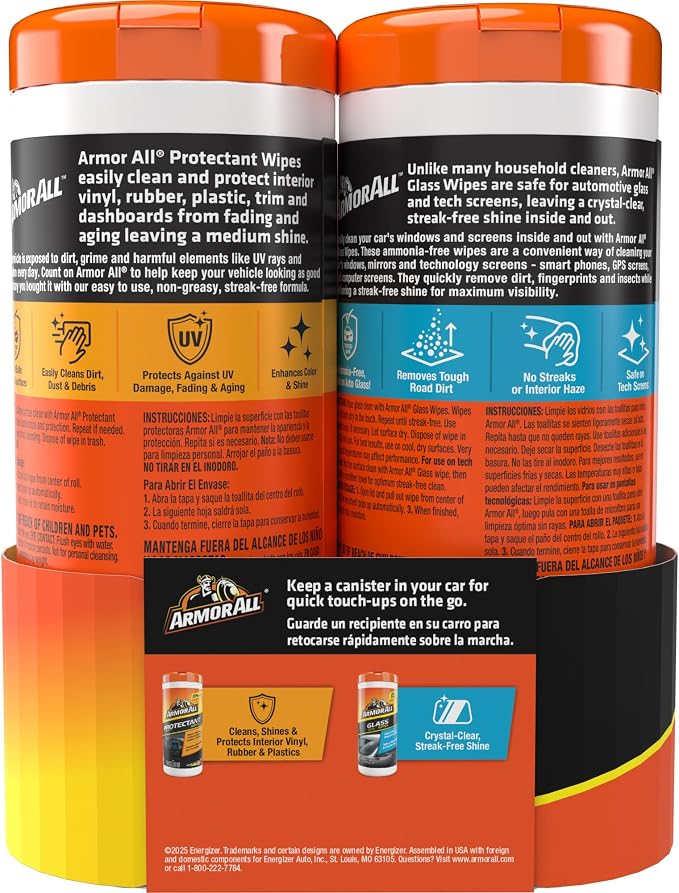 Armor All Car Interior Value Pack, 60 Count, Glass Wipes and Protectant Wipes