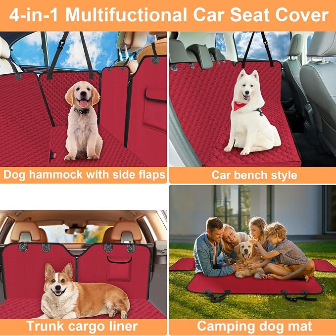 Mancro Dog Car Seat Cover, Waterproof Back Seat Pet Cover for Dogs, Red | 600D Heavy Duty, Scratch-Resistant Back Seat Pet Cover for Dogs with PVE Nonslip Underside, Fits for Sedan, Trucks and SUVs