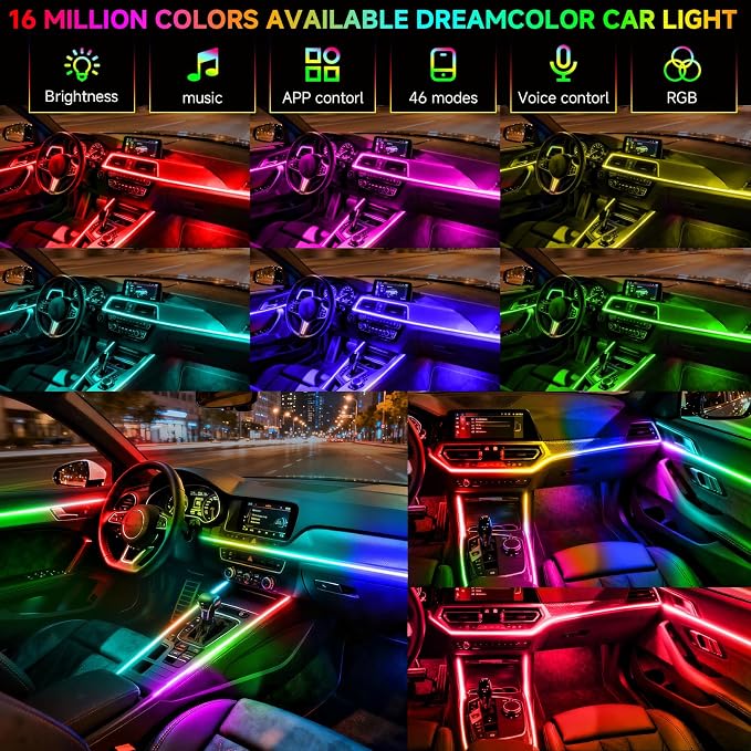 DREAMOTOR Interior Car LED Strip Lights, Acrylic LEDs Lights for Car with Dynamic Dreamcolor Chasing, Ambient Lighting Kits Music Sync Wireless APP and RF Remote Control (55.12inch*2)