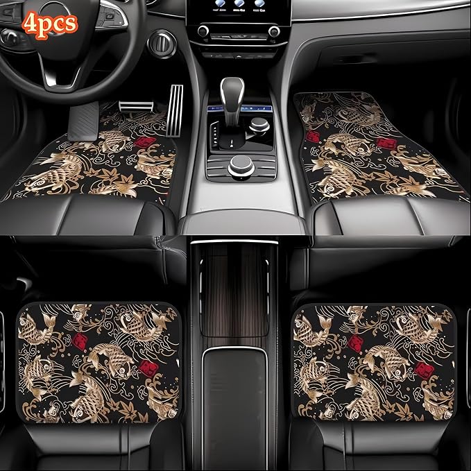 Universal Fit Car Floor Mats Set of 4Pcs, Retro Koi Pattern All-Weather Front Rear Car Carpet Mats, Non-Slip Car Floor Mat Car Accessories for Automotive Trucks SUV Sedans Vans