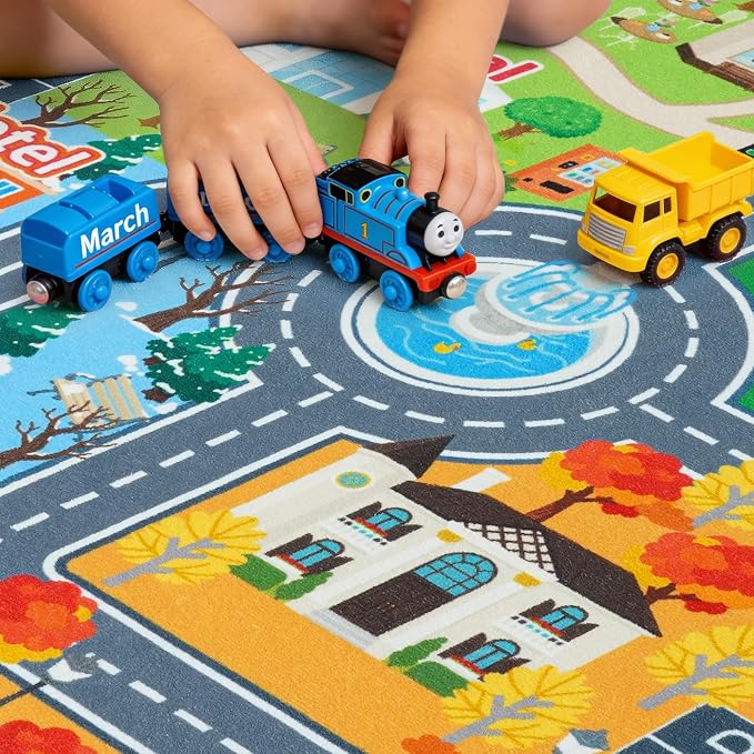 Car Rug Play Mat for Kids Toy Cars, 5' x 7' Town City Track Road Carpet, Non-Slip Machine Washable Town City Track Road Rugs Four Seasons Theme Traffic Mat for Kids Room Bedroom Game Safe Area