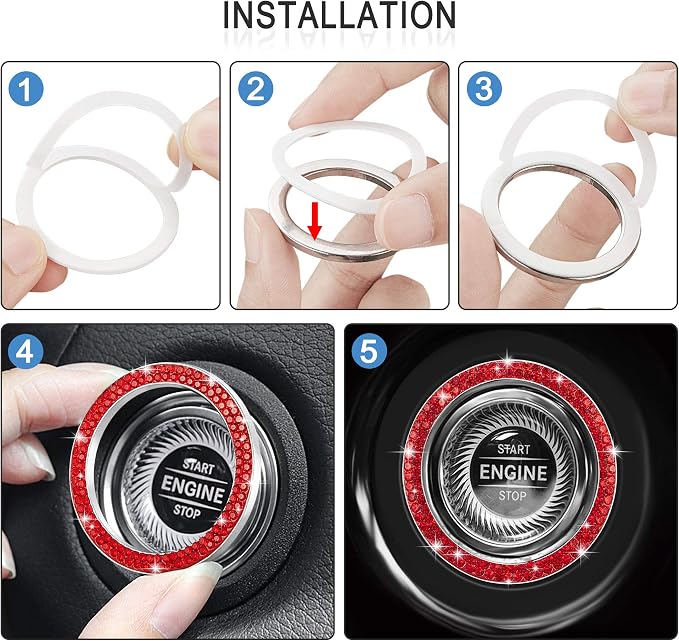 WINKA 2pcs Bling Car Engine Start Button Cover Diamond Crystal Push Start Stop Button Ring Sparkly Bling Ignition Button Cover Rhinestone Keyless Ignition Ring Universal Car Accessories (Red)