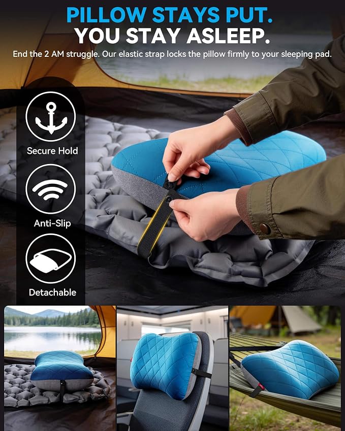 Hikenture Camping Pillow with Removable Cover, Ultralight Inflatable Pillow | Ergonomic Neck Lumber Support, Upgrade Leakproof Backpacking Pillow, Portable Packable for Hiking, Beach, Travel