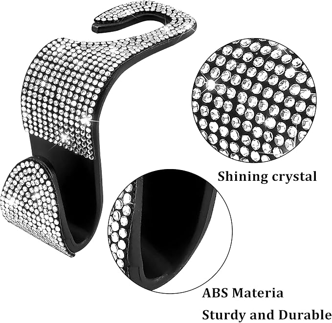 Dermasy® 2 Pack Car Hooks, 2021 New Bling Rhinestones Crystal Hooks Car Decorations Auto Seat Back Organizers Strong and Durable Backseat Hanger Storage Universal for SUV Truck Vehicle (Silver)