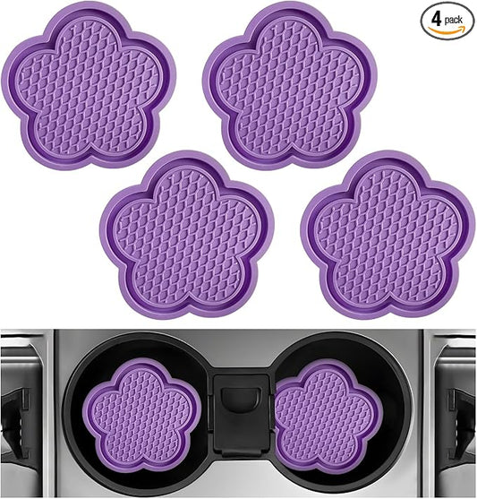 DXNQ 4 PCS Car Cup Coasters, Cute Flower Shaped Car Cup Holder Mat, PVC Waterproof Anti Slip Vehicle Cup Holder Insert Coaster, Universal Car Interior Decor Accessories (Purple)