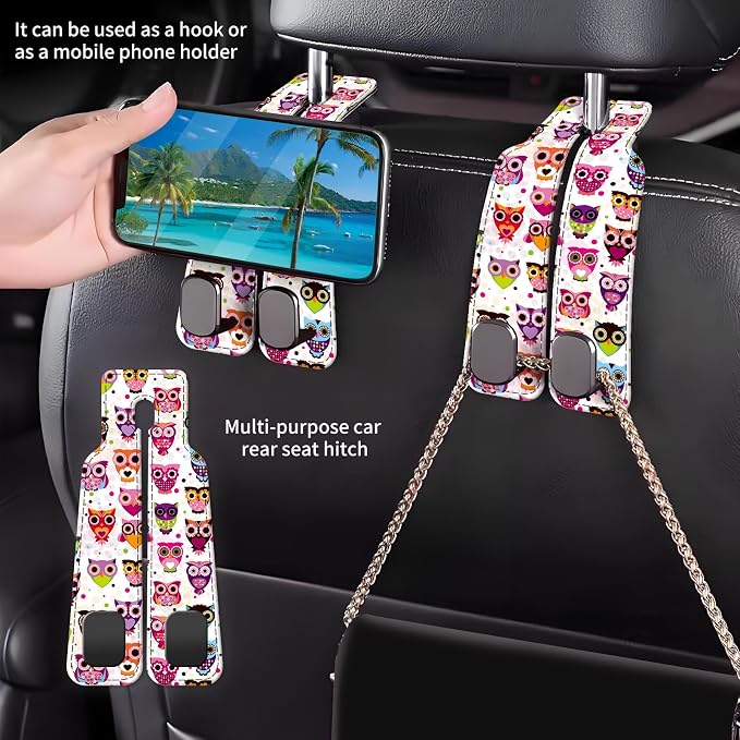 Car Seat Back Storage Headrest Hook, Premium Leather Double Metal Hook, Hanger Storage Organizer for Purse Cloth Bag, Car Interior Accessories Colorful Boho Owls