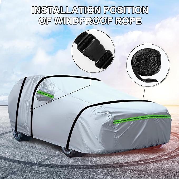 Full Car Cover Universal 6 Layers Outdoor Thicked All Weather Cover, Sunshield, Waterproof, Snow Proof, UV Proof, Scratch Proof, Bird Droppings, 6 Reflective Strips, Fits Pickups up 180"-206"