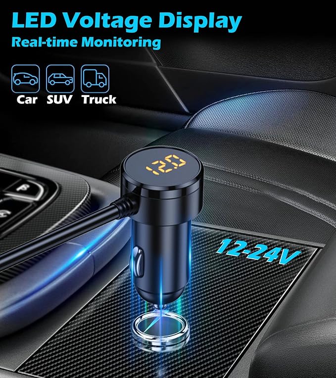 LIHAN 7-1 Cigarette Lighter Splitter, 3-Socket Adapter with PD 30W Type-C | 12V/24V Car Charger, QC3.0 & Dual USB Ports, Independent Switches, Voltage Display, 3.3FT Extension Cord for Truck RV SUV