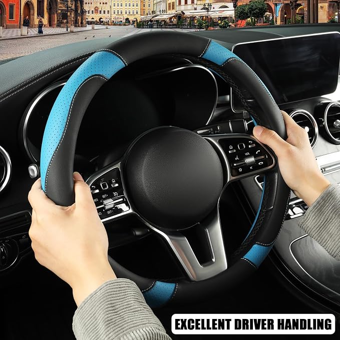 Black Blue Microfiber Leather Steering Wheel Cover 15 inch | Breathable Anti Slip Grip Cool Sporty Look Glow for Women Men