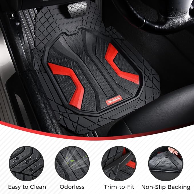 Coverado Car Floor Mats for Cars, Deep Dish All Weather Floor Mats, Car Floor Mats All Weather with Anti-Slip Backing, Car Mats Universal Trim to Fit Car Mat for Cars SUV Truck Vans (4 Pcs, Black&Red)