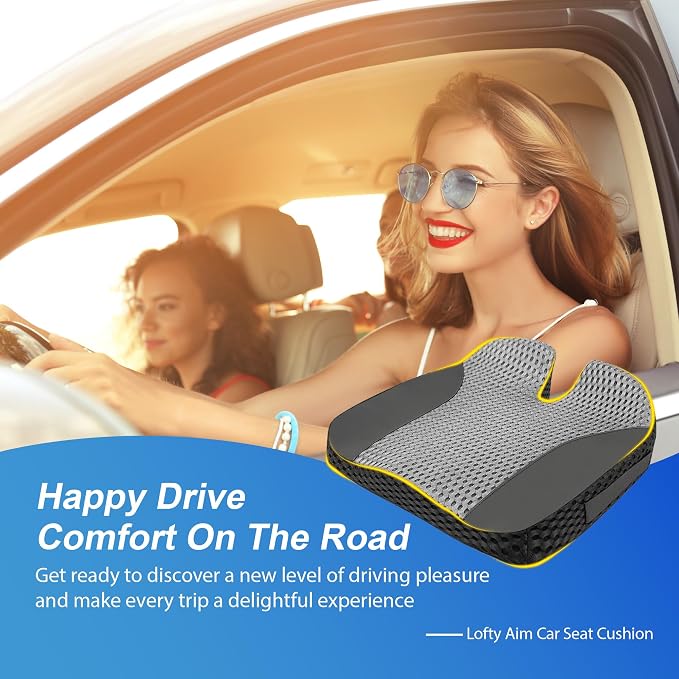 Lofty Aim Car Seat Cushion for Driving, Memory Foam Driver Seat Cushion | Car Seat Cushion for Long Driving Comfort, Driver Seat Pillow Adds Height and Support for Cars, Office Chairs, Black & Gray
