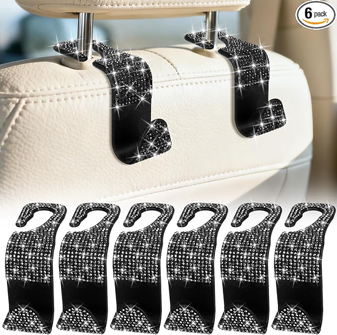 BFXM 6 Pack Bling Car Seat Headrest Hooks, Car Accessories for Women, Rhinestone Purse Hook for Car, Universal Storage Organizer for Handbag Grocery Bags Coats (Bling Black)