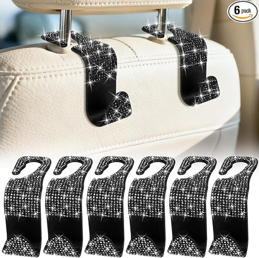BFXM 6 Pack Bling Car Seat Headrest Hooks, Car Accessories for Women, Rhinestone Purse Hook for Car, Universal Storage Organizer for Handbag Grocery Bags Coats (Bling Black)