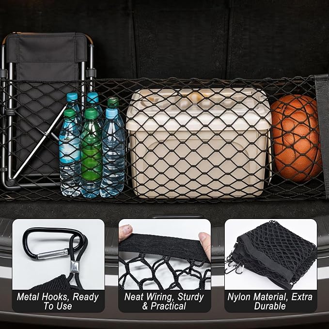 Stretchable Elastic Trunk Cargo Net with 4 Heavy-Duty Hooks, Adjustable Car Storage Net for SUVs, Trucks, and Hatchbacks, Secures Luggage, Groceries, and Tools from Shifting