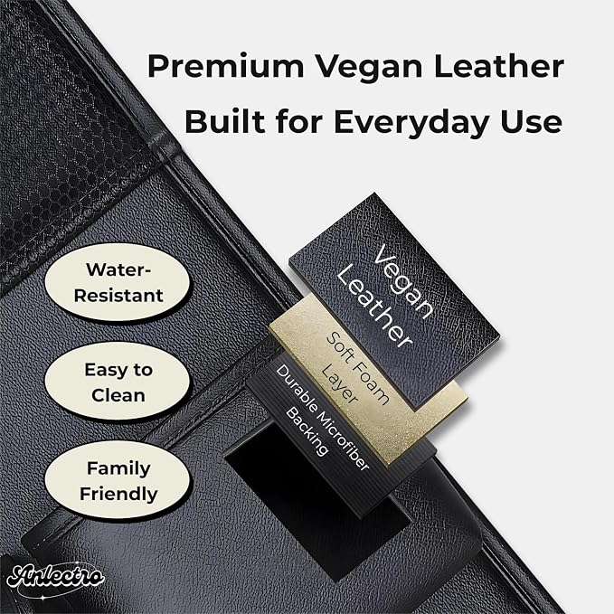 5-in-1 Backseat Car Organizer with Car Seat Tray, Car Backseat Organizers | Reinforced Fold-Down Car Seat Tray, Hidden Trash Bin, Tablet Holder, Vegan Leather, 8 Pockets