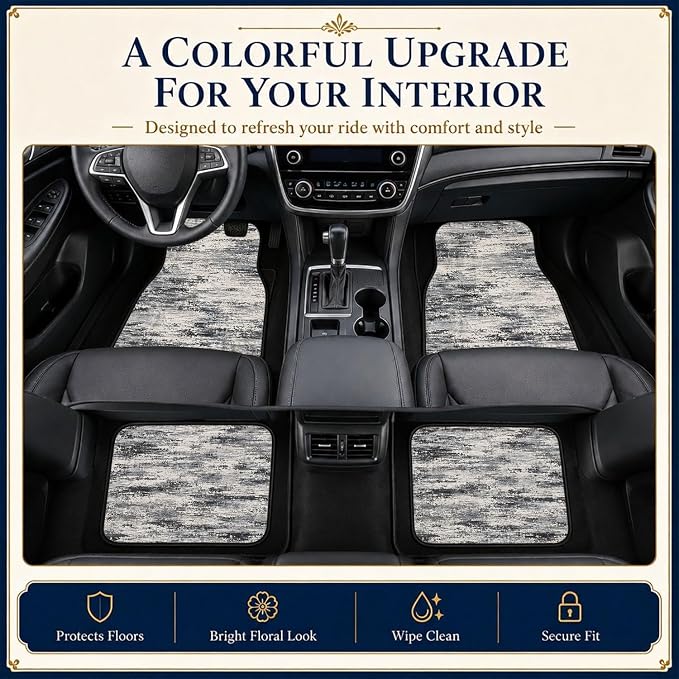 Gray Abstract Car Floor Mats Set of 4 Distressed Modern Texture Car Accessories Foot Mats Rugs, Non-Slip,Decor for Universal Fit for Suvs Sedans Trucks Cars Auto Floor Carpets Rugs All-Weather