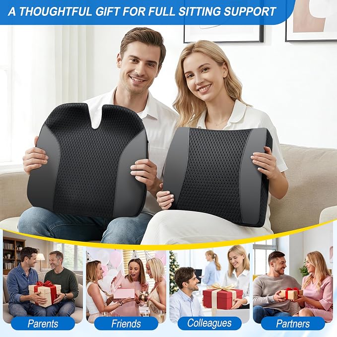 Lofty Aim Car Seat Cushion with Back Support, Lumbar Support Pillow Set | Memory Foam Car Seat Cushions for Driving, Office Chair Cushions for Back and Butt, Support for Trucks, Office Chairs, Black