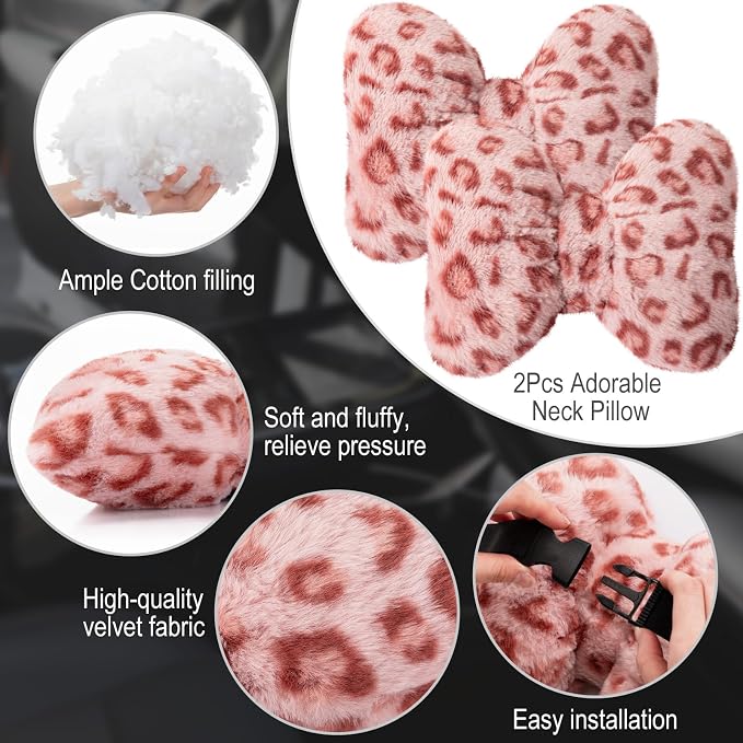 Macarrie 2 Pcs Leopard Car Neck Pillow Imitation Rabbit Fur Bow Pillow | Soft Comfortable Seat Headrest Support, Cute Bow Car Accessories, Driving Travel Driver Chair Girl Interior Decor, Pink