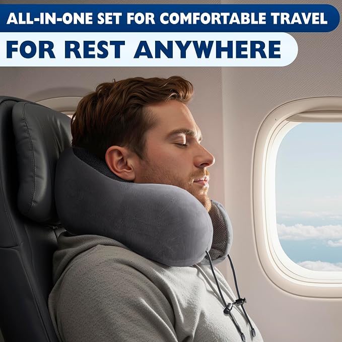 100% Memory Foam Plane Neck Pillow for Long Flights with Adjustable Button Closure – 4-in-1 Set with 3D Eye Mask, Earplugs & Washable Cotton Cover – Airplane Pillow Neck Support for Car & Train (Gray)