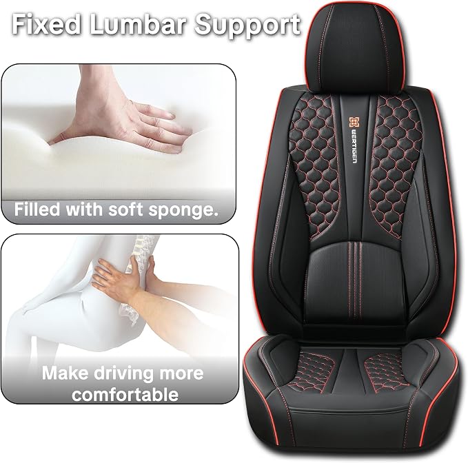 Black and Red Leather Car Seat Cover Set, with Lumbar Support | OEM-Inspired Interior Upgrade