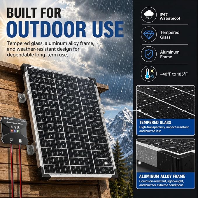 Voltset 50W Solar Panel Kit - 12V Solar Battery Charger Maintainer - IP67 Waterproof Solar Trickle Charger with 10A Smart Charge Controller and Mount Bracket for Boat RV Car Motorcycle Marine Trailer
