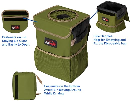 EPAuto Waterproof Car Trash Can with Lid and Pockets, 2.5 Gal, Green | Leakproof, Collapsible Multipurpose Car Bin with 3 Side Storage Pockets, Adjustable Straps