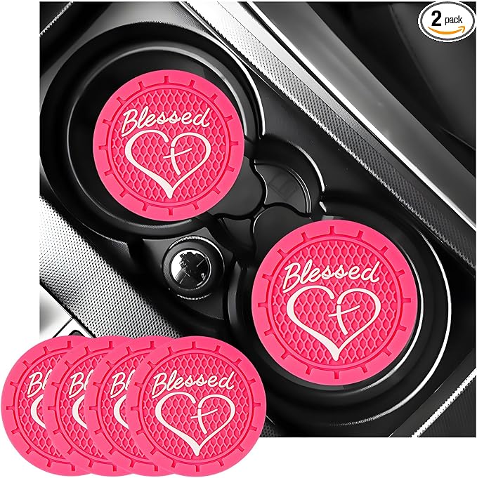 KVAEY 2 PCS Car Cup Holder Coasters, 2.76 Inch Anti Slip Vehicle Drink Mats with Cute Blessed Cross and Heart, Shockproof, Universal Car Accessories (Rose Red, 4 PCS)