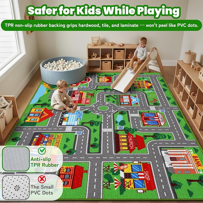 Kids Carpet Playmat Rug 118"x78.7", Car Rug for Kids Cars, Non-Slip Town City Road Map Kids Rugs for Playroom Bedroom Boys, Kids Cars Play Mat Track Road Rugs for Kid (118X78.7Inch,Green)