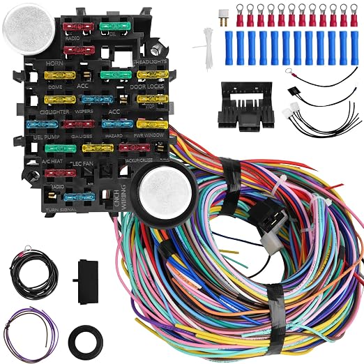 Universal 21 Circuit Wiring Harness Kit Standard Color 17 Fuses | Universal Extra Long Wire 21 Circuit Wiring Harness for GM Chevy Chrysler Dodge Ford Hotrods Plymouth Mopar Mercury Ratrods
