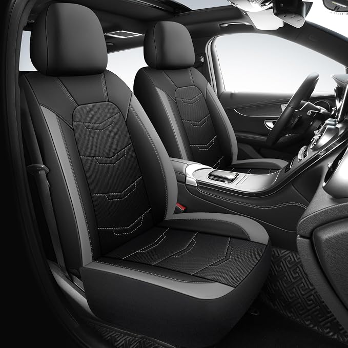 HChengkikz Car Seat Cover, Breathable and Sporty (Black + Gray) | Leather, Universal Fit for Most SUVs, Cars, Sedans, Trucks, Airbag Compatible, Easy to Install