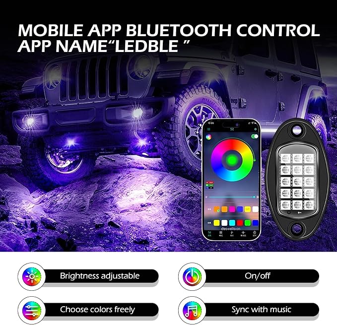 4 PCS RGB LED Rock Lights, LEDs High Brightness Waterproof Neon underglow Kit with Bluetooth App Control Flashing Music Mode, Wheel Well Light for Trucks, SUV, Golf Cart, ATV, Pickup