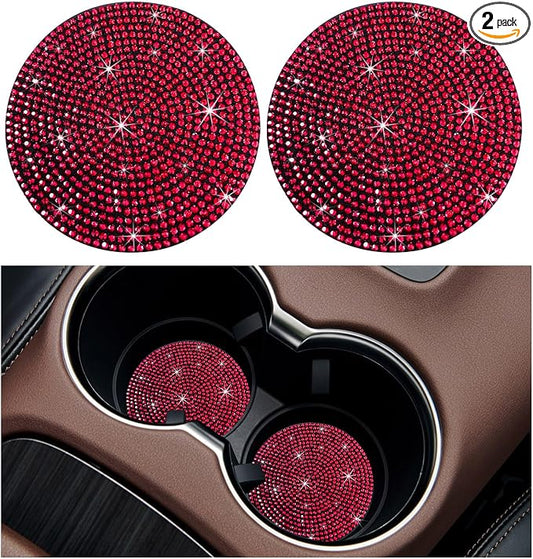 Ziciner 2PCS Bling Car Cup Holder Coaster, 2.73 Inch Anti-Slip Cup Insert Coasters, Crystal Rhinestone Auto Drink Cup Mat, Universal Interior Decor Car Accessories for Women Girls (Red)