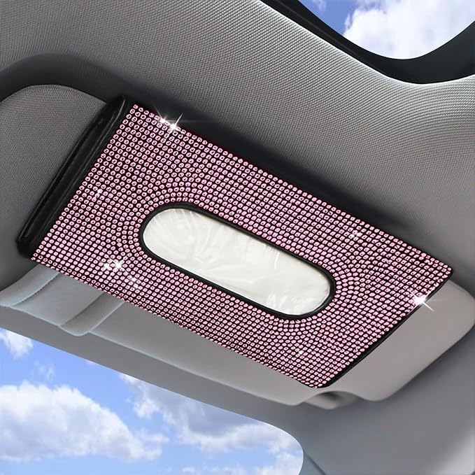 Bling Car Sun Visor Tissue Box Holder, Napkin and Face Mask Storage Box for Cars, Upgraded PU Leather Tissue Box with Crystal Rhinestones, Car Decoration Accessories for Women (Pink)