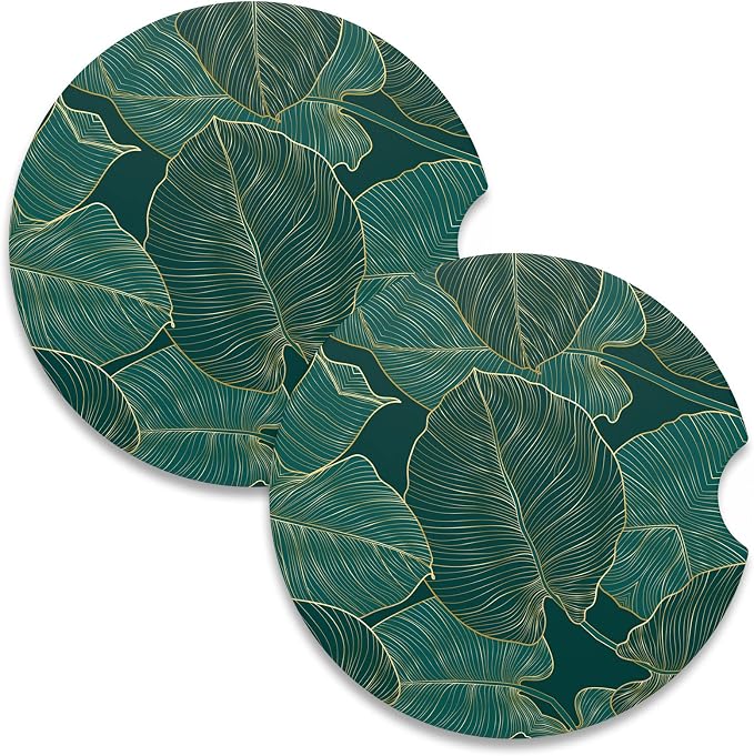 Nipichsha Car Coasters for Cup Holders, 2 Pack Absorbent Ceramic Car Cup Holder Coaster for Drinks, Cute Auto Assecories for Women, Universal Size 2.56 in with Finger Notch & Cork Base, Tropical Leaf